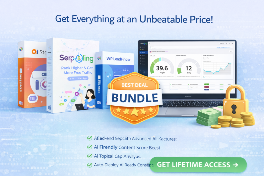 SerpSling AI bundle page image showing best deal badge, software boxes, dashboard preview, and complete AI search optimization package with lifetime access offer.