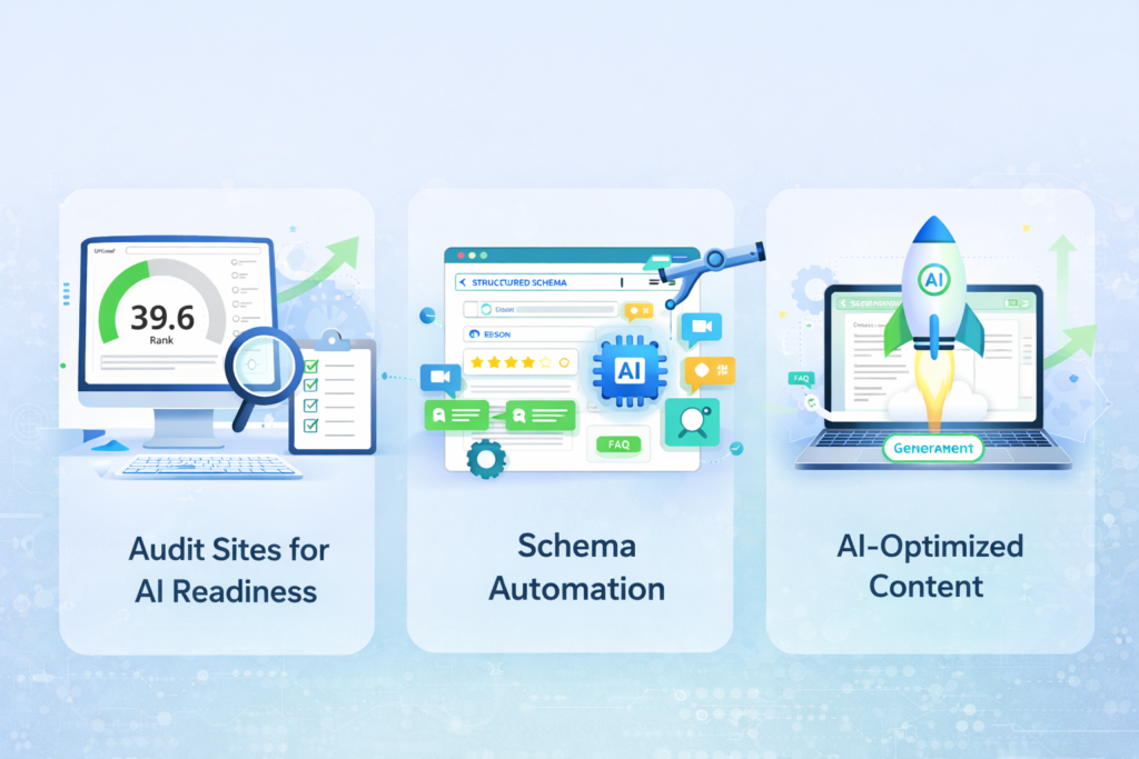 SerpSling AI features page image showing AI visibility audit dashboard, schema automation system, and AI-optimized content deployment for improved AI search rankings.