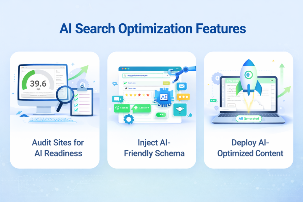 SerpSling features section image showing AI search optimization tools including AI visibility audit dashboard, schema automation, and AI-optimized content deployment system.