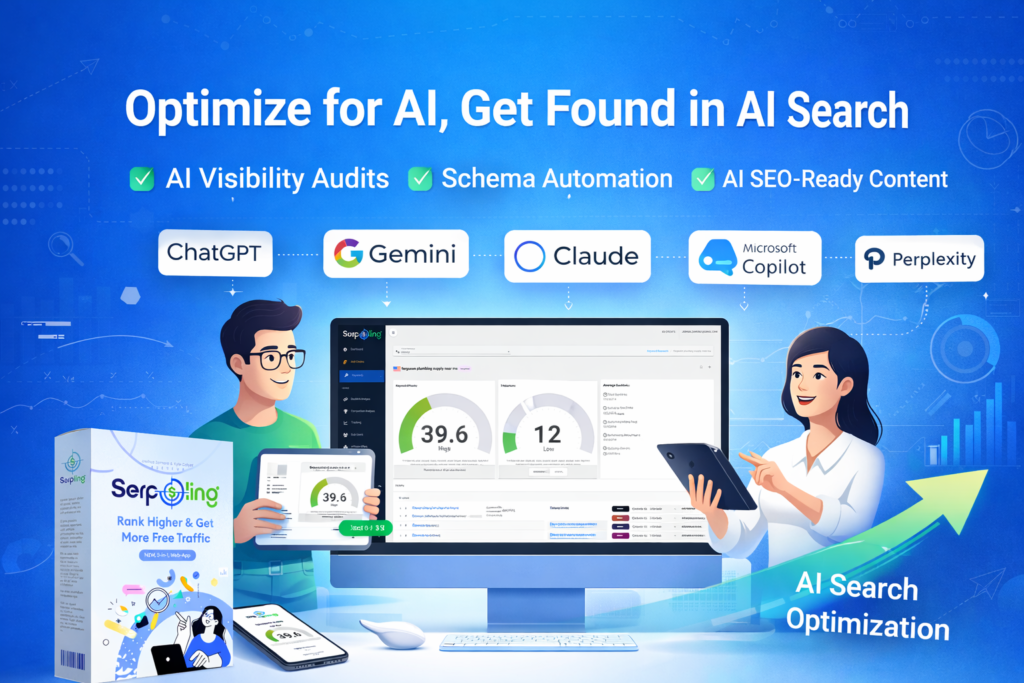 SerpSling AI homepage hero image showing AI search optimization dashboard, schema automation features, and integration with ChatGPT, Gemini, Claude, Microsoft Copilot, and Perplexity.