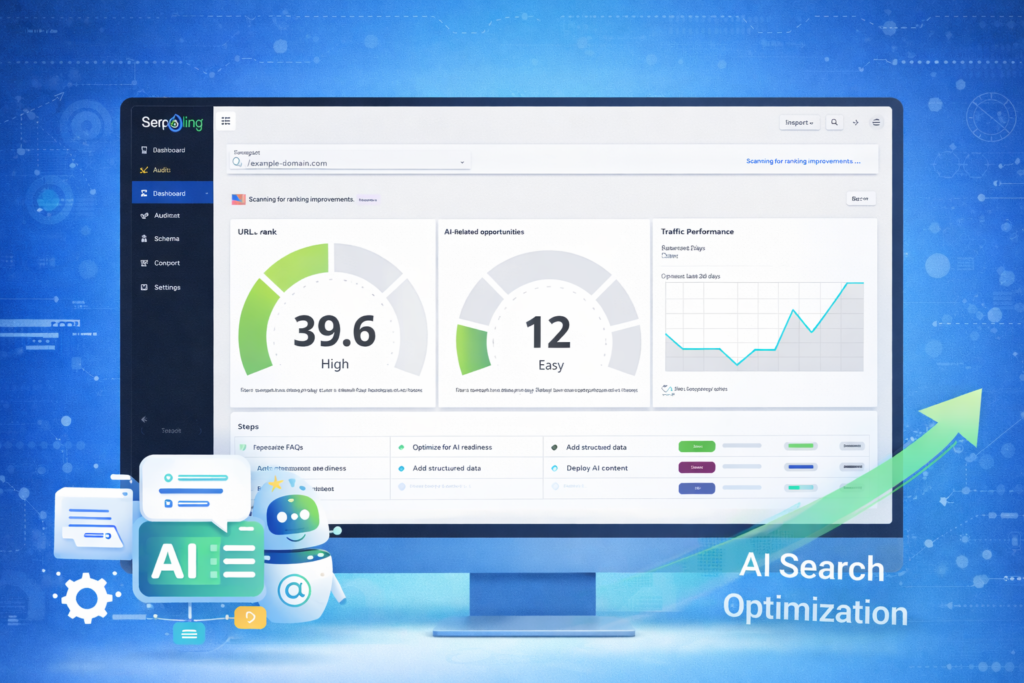 SerpSling AI official website 16:9 banner image showing AI search optimization dashboard, AI visibility audits, schema automation features, and integration with ChatGPT, Gemini, Claude, Microsoft Copilot, and Perplexity.